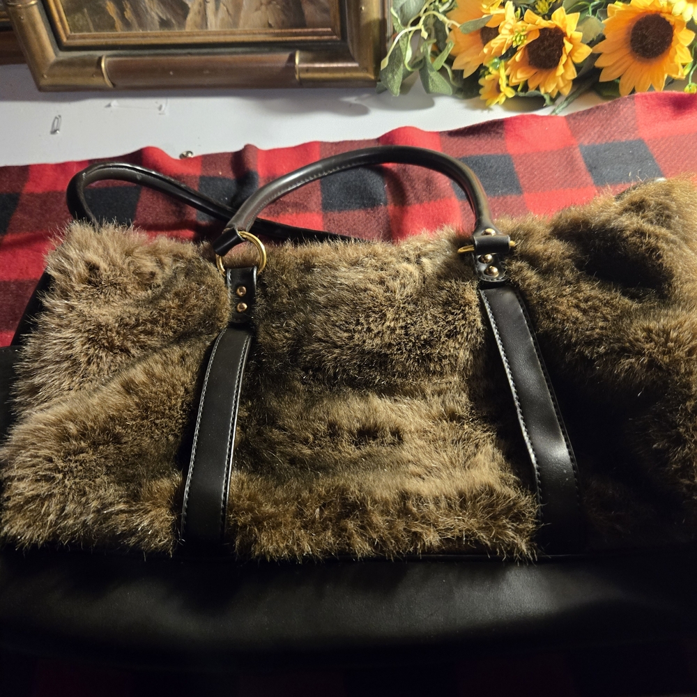 Apt. 9 Brown Faux Fur and Black Leather Shoulder Bag
